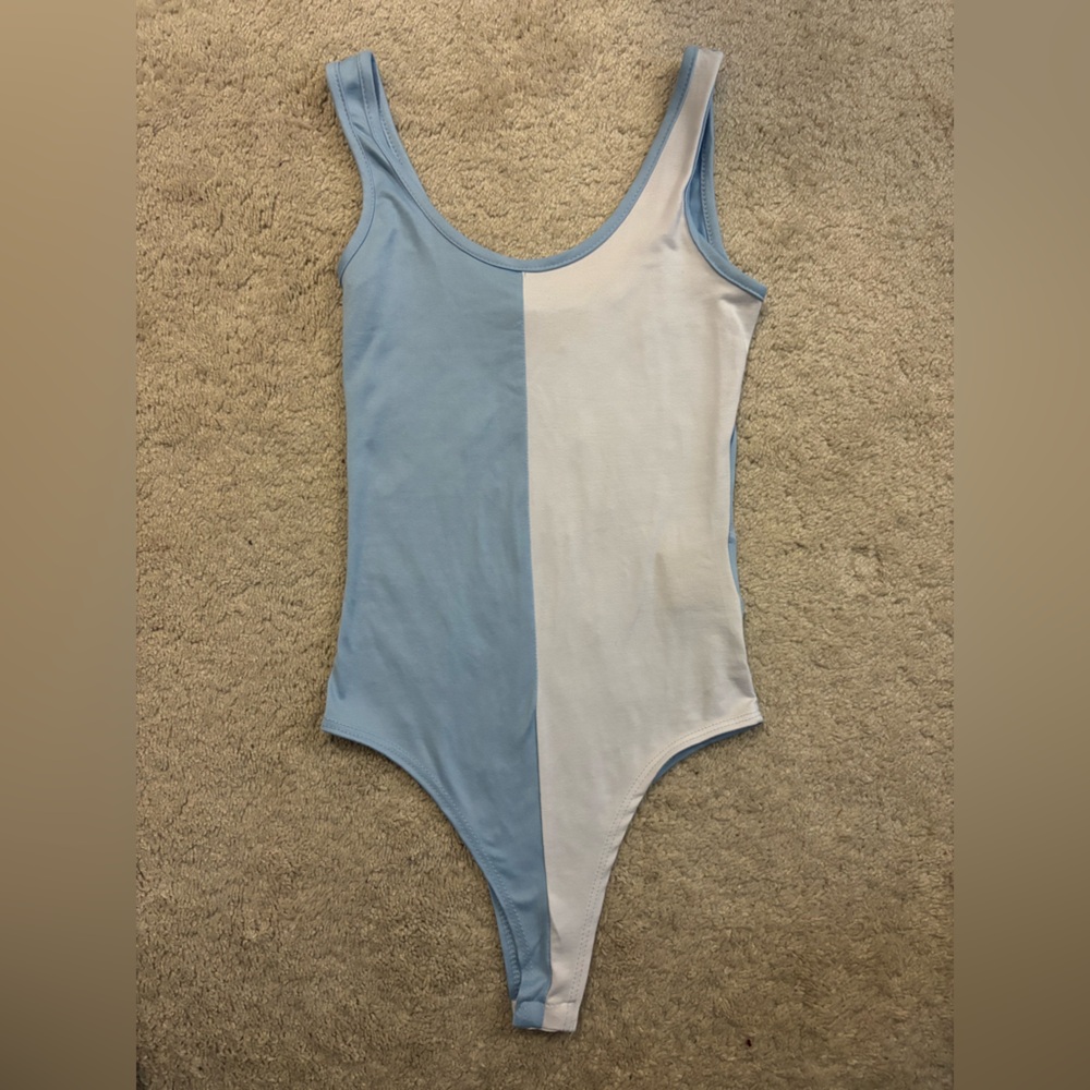 Blue and White Colorblock Bodysuit